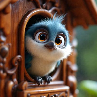 The primary subject of the image is a small, cute, and fluffy blue bird, which is peeking out from a wooden birdhouse. The bird is sitting on a perch inside the birdhouse, and it appears to be looking at the camera. The setting is a natural environment, with the birdhouse placed in a tree. The visual style of the image is a combination of photo and digital art, creating a whimsical and charming scene. The colors and mood of the image are predominantly blue and warm, with a sense of innocence and playfulness.